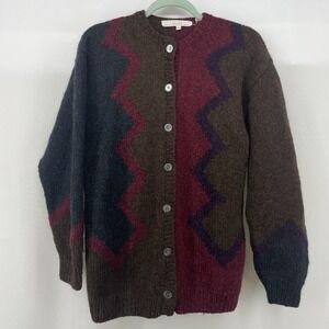 Vintage Perry Ellis Size S/M Mens Geometric Wool Cardigan Sweater Earth Tone 80s